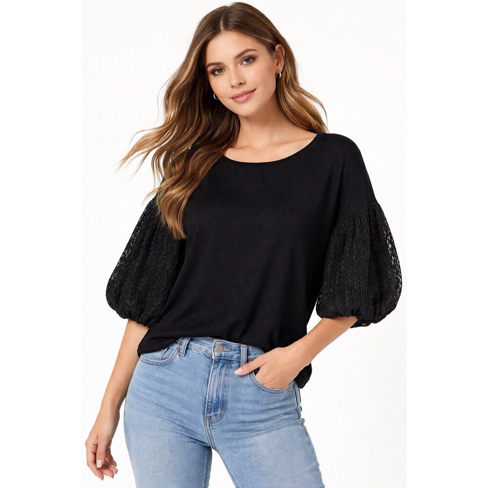 Express Black Lace Puff Balloon Sleeve Knit Top Women’s Large Sheer Dressy